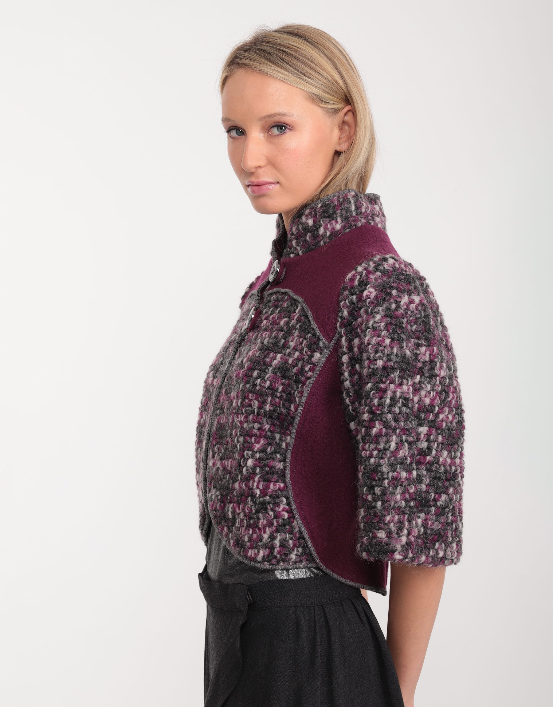 Short jacket in tweed and wool boiled plum, grey and white