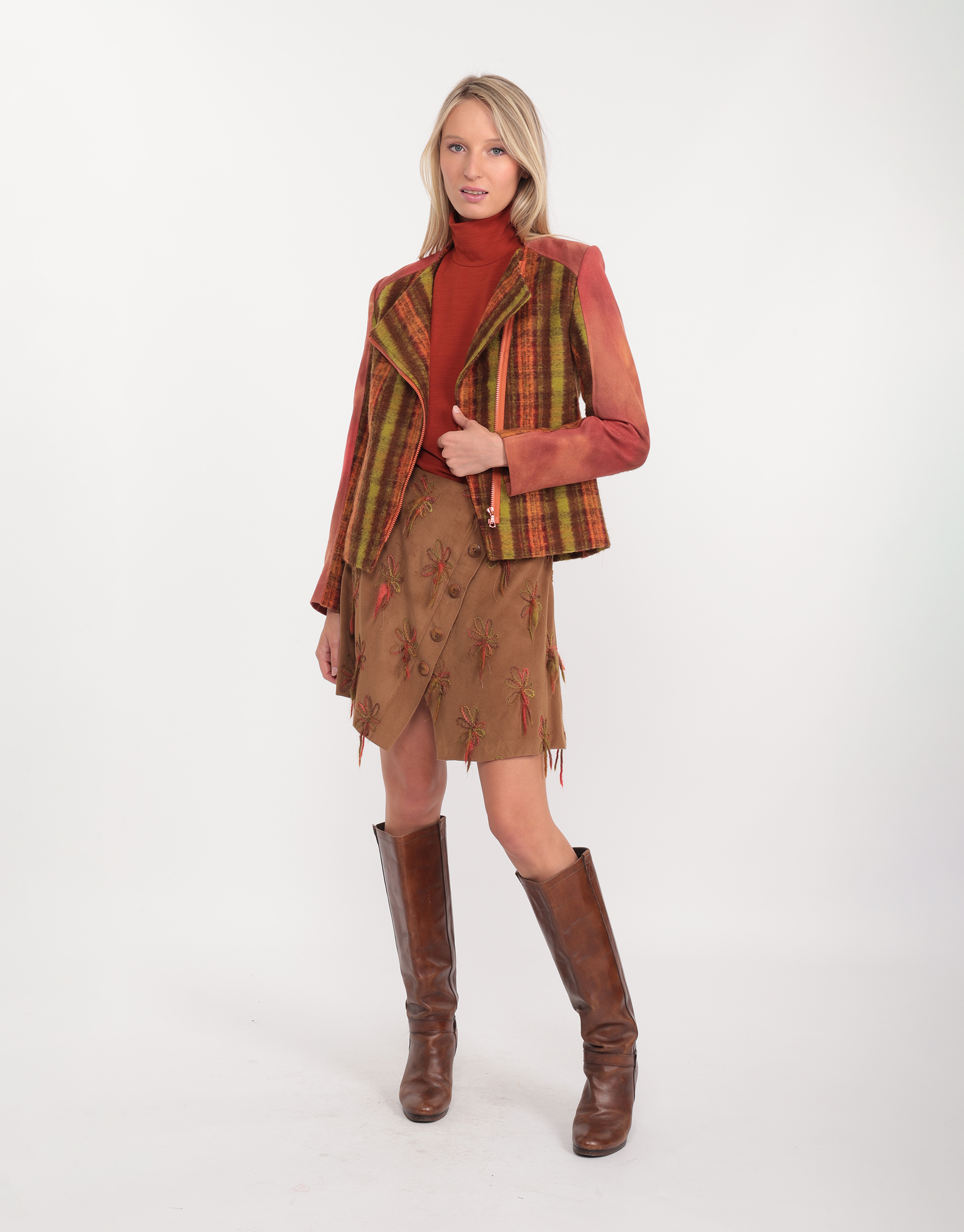 Jacket in orange, green and brown striped wool and coordinated gradient eco-suede