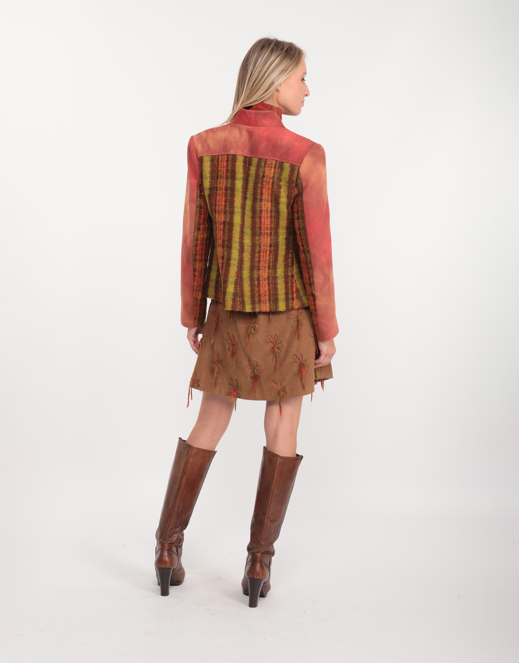 Jacket in orange, green and brown striped wool and coordinated gradient eco-suede