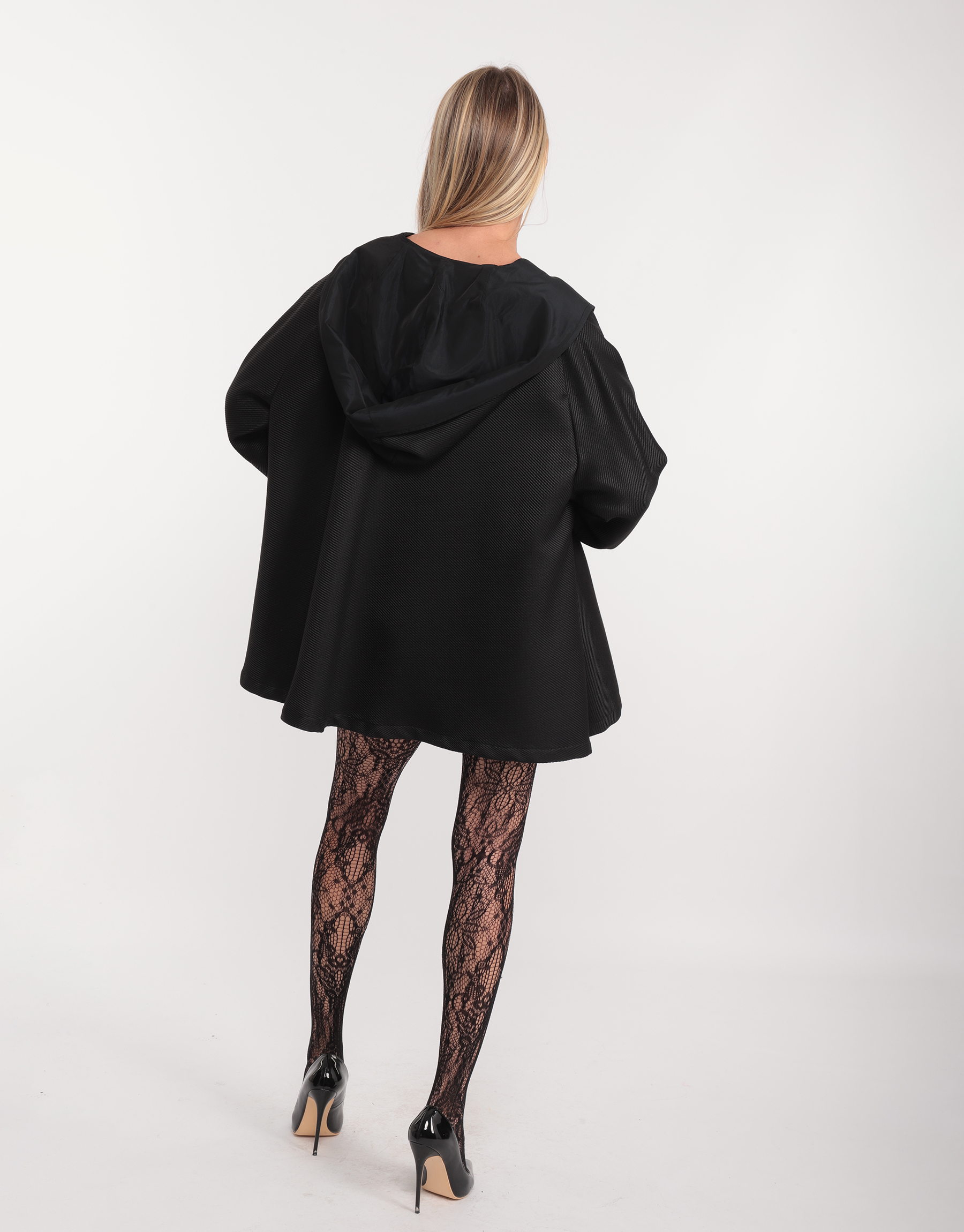 Double-sided cape jacket with black silk hood and taffeta